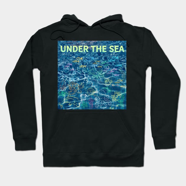 under the sea,blue sea,sea creatures,Turtle, puffer fish, starfish, shrimp, shark, tropical fish, sea horse, seaweed, sardines, squid, crabs, clams Hoodie by zzzozzo